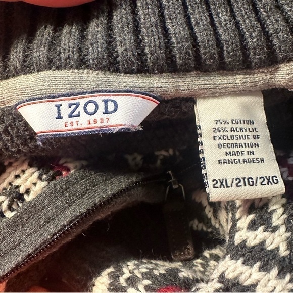 IZOD Heavy Warm 1/4 Zip Sweater Gray Red Cream 2XL - Picture 6 of 7